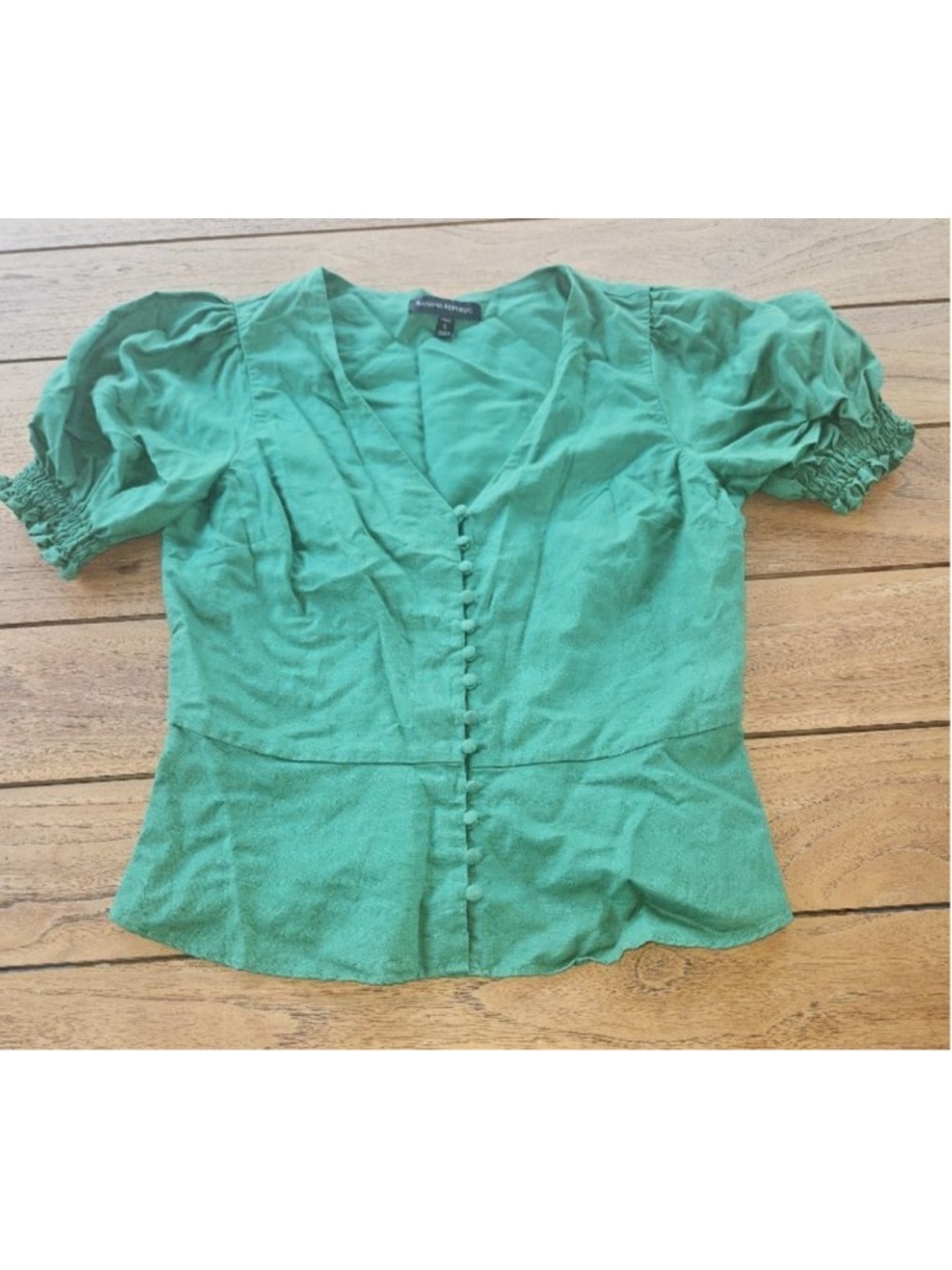 Banana Republic Top Linen Blend Button Front Puff Sleeve Kelly Green Size SP